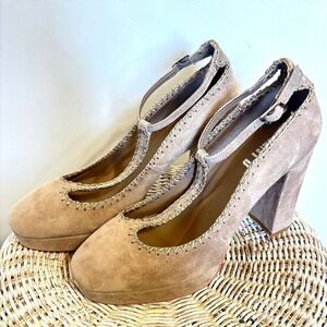 Boho Tan Suede T-Strap Platform Block Heels Stitched Edge 8/8.5 Hippie Festival